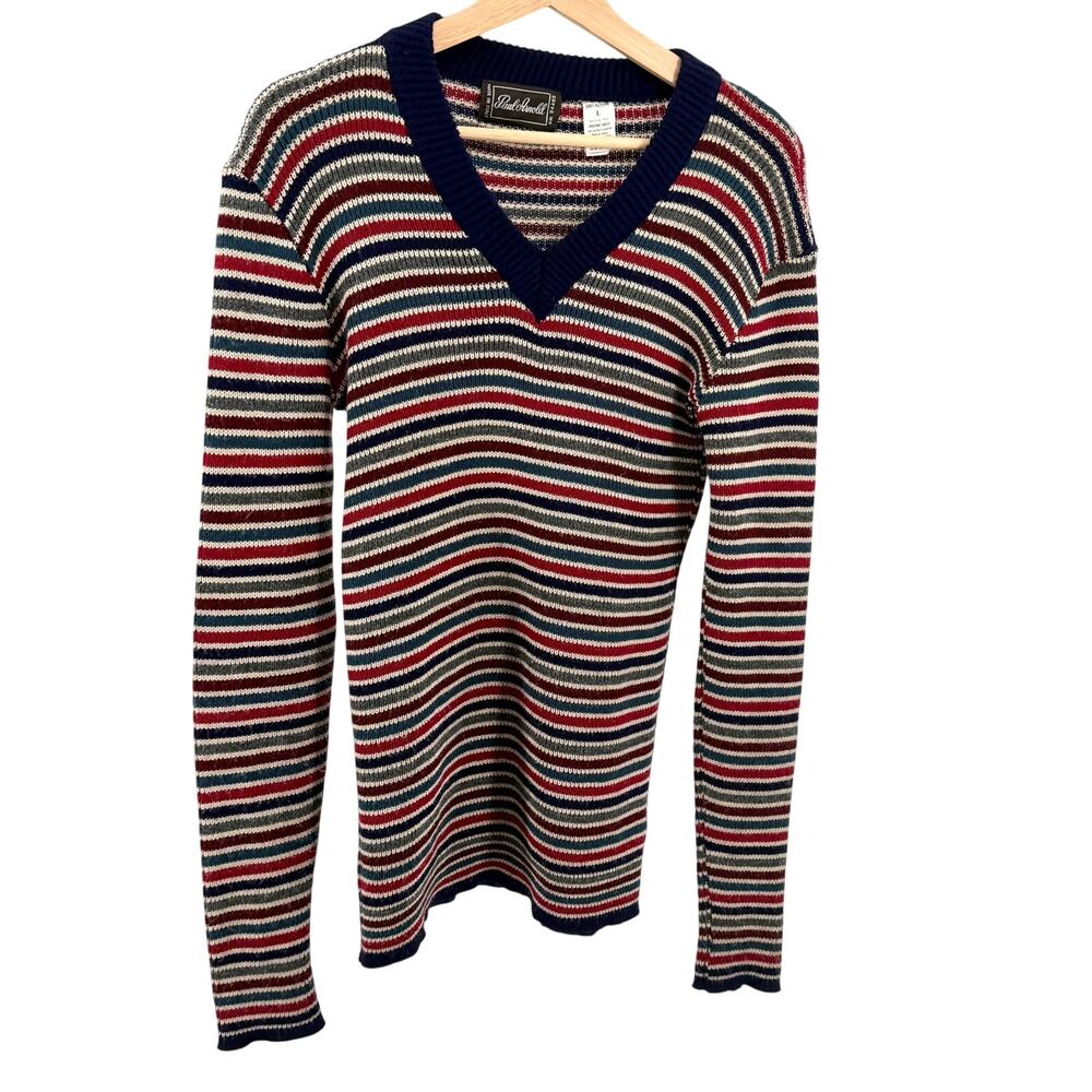 Vintage 70s Paul Arnold Navy Red Striped Knit V-Neck Sweater